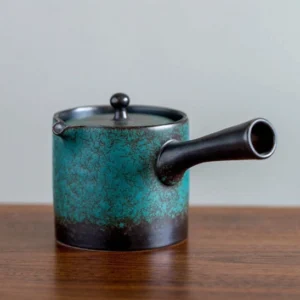 full view blue green ceramic kyusu teapot 175ml with crackle glaze