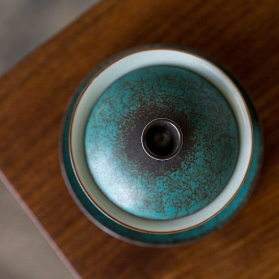 top view of blue green cracked glaze gaiwan tea cup lid