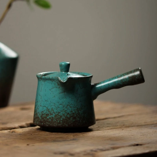 blue-green crackle glaze 210ml kyusu teapot side angle view