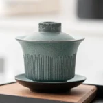 140ml blue green textured ceramic gaiwan tea cup with saucer full view