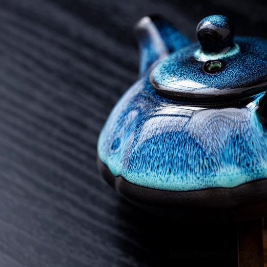 detailed glaze texture close up of blue Jian Zhan teapot