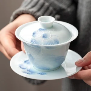 150ml blue embossed lotus ceramic gaiwan tea cup full product view