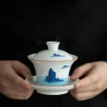full three-piece set of 150ml blue mountain cloud ceramic gaiwan tea cup
