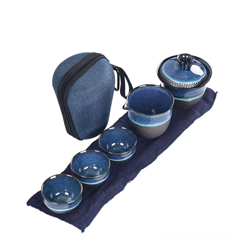 blue travel tea set packed into compact matching storage bag