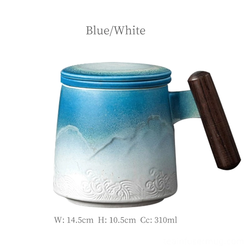 Blue and white gradient ceramic loose leaf tea infuser mug with lid