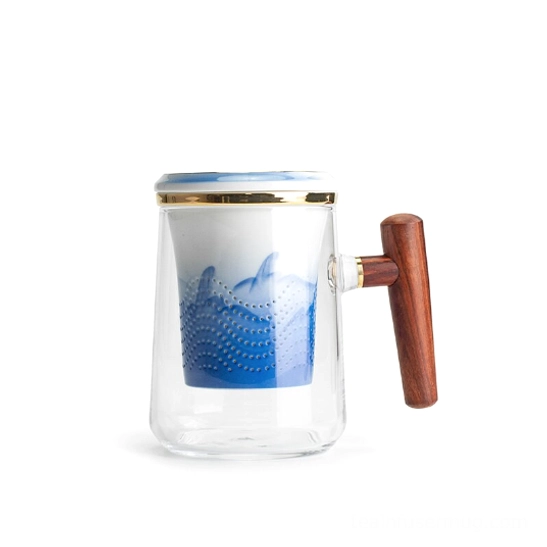 blue white landscape tea infuser mug on a minimalist office desk, use case example