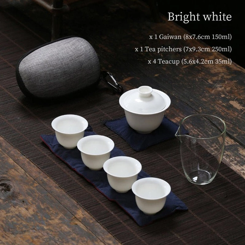 Bright white ceramic travel tea set full view