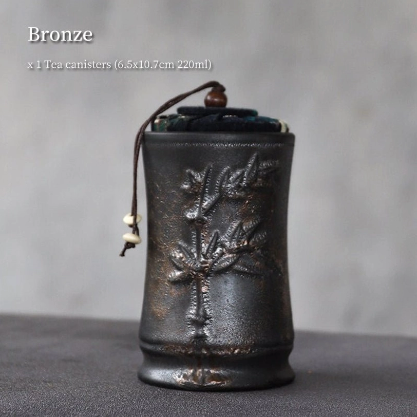 bronze bamboo embossed ceramic tea storage canister side view