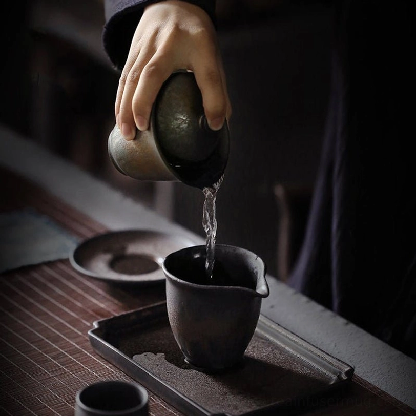 Bronze vintage ceramic gaiwan styled for modern minimalist tea table