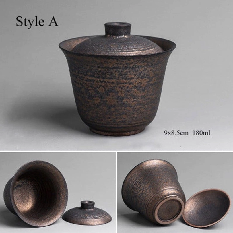 Style A 180ml antique bronze Chinese gaiwan tea cup side view