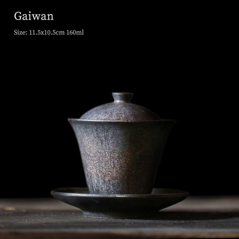 Close up of unique mottled texture on bronze vintage ceramic gaiwan