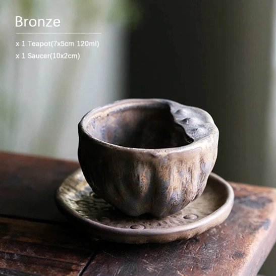 bronze lotus shaped chinese ceramic teapot with matching saucer