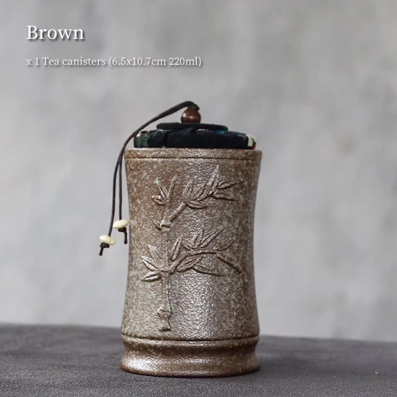 brown bamboo embossed ceramic tea storage canister fabric lid