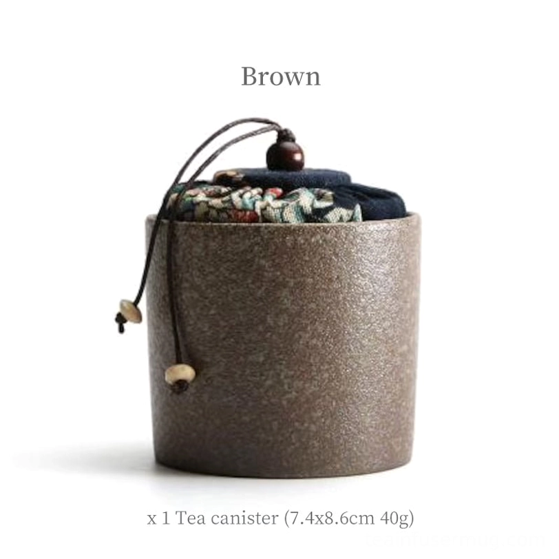 brown portable tea storage canister with drawstring fabric lid