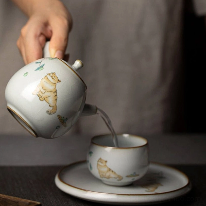 built-in infuser of ceramic cat kyusu teapot close up