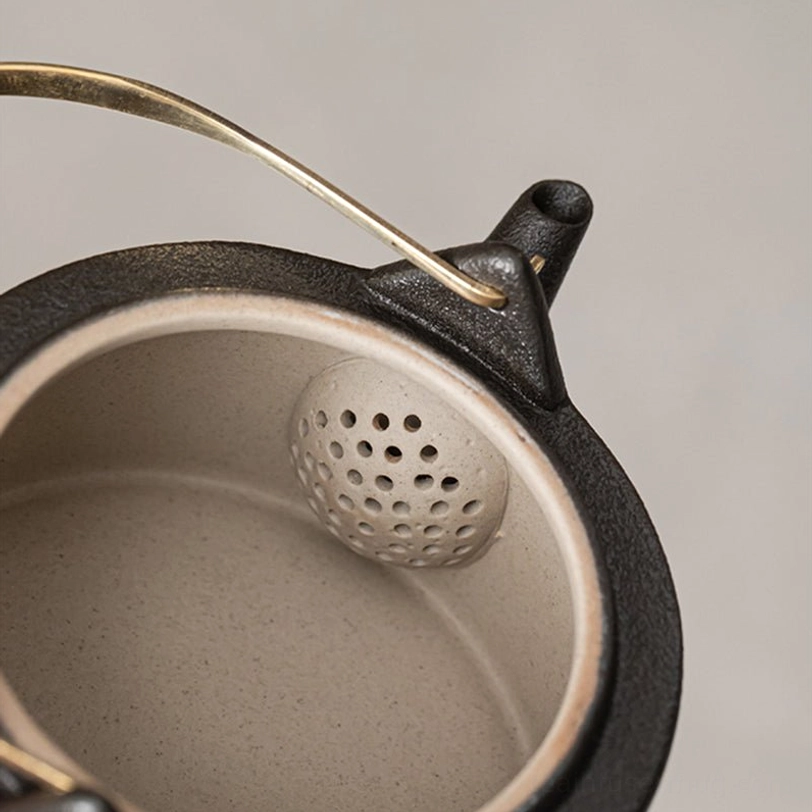 built-in ceramic infuser filter inside mountain pattern teapot