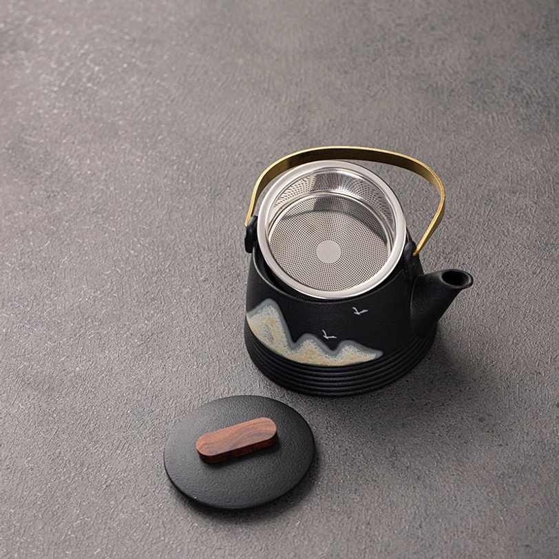 built-in stainless steel infuser inside black ceramic mountain teapot