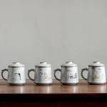 full set of cat pattern ceramic tea infuser mug with lid and ceramic strainer