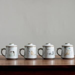 full set of cat pattern ceramic tea infuser mug with lid and strainer