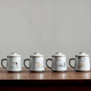 full set of cat pattern ceramic tea infuser mug with lid and ceramic strainer
