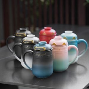 full view cat ceramic tea mug with infuser lid 400ml