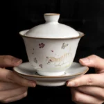 full set view of cat design 135ml ceramic gaiwan tea cup