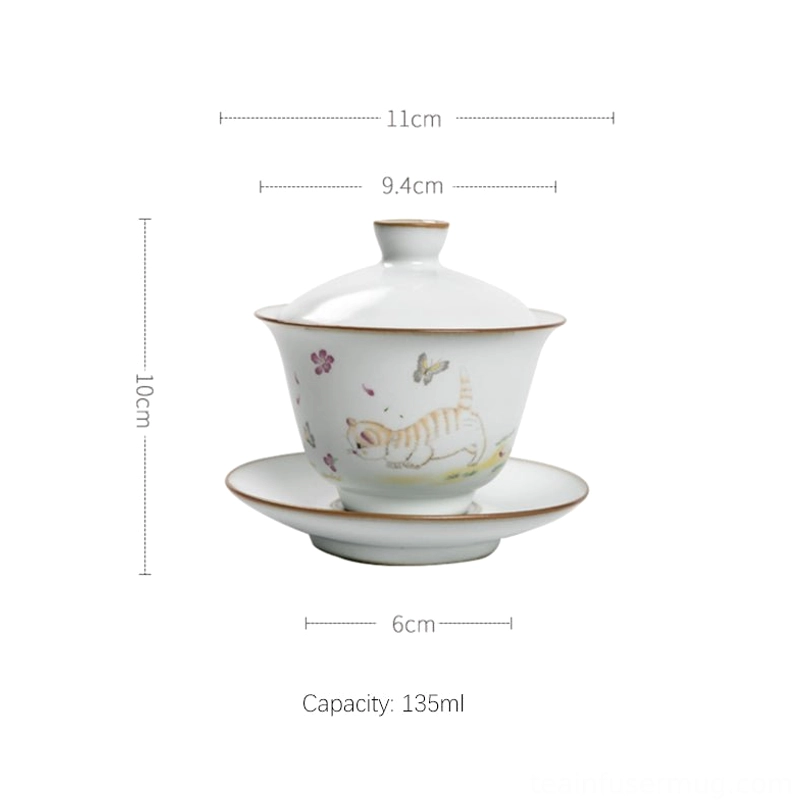 detailed cat and flower pattern on 135ml ceramic gaiwan tea cup