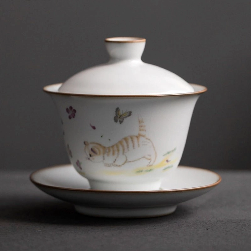 cat ceramic gaiwan tea cup with lid on the bowl, 135ml