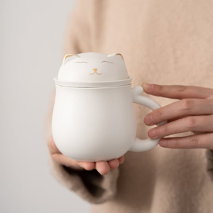 full product view 400ml ceramic tea infuser mug with cute cat lid