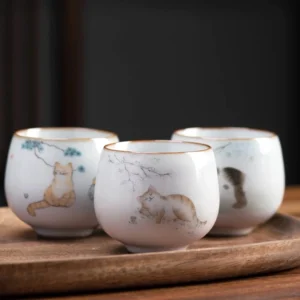 full product view of 120ml cat motif chinese crackle glaze ceramic tea cup