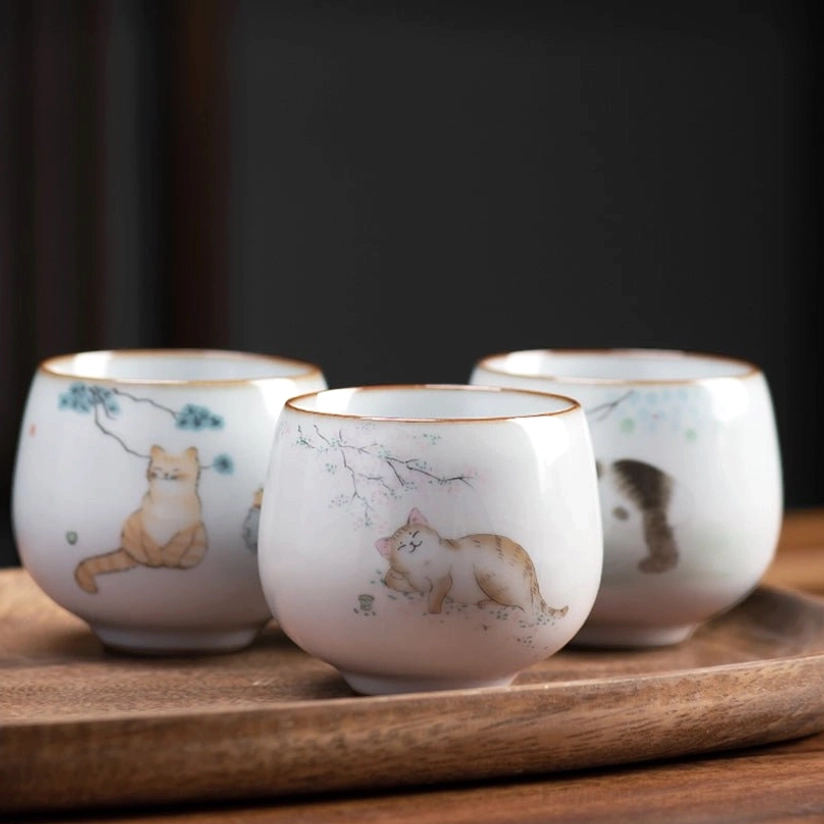 full product view of 120ml cat motif chinese crackle glaze ceramic tea cup