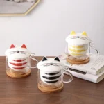 cat glass tea infuser mug full set with ceramic infuser lid and wooden coaster