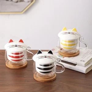 cat glass tea infuser mug full set with ceramic infuser lid and wooden coaster