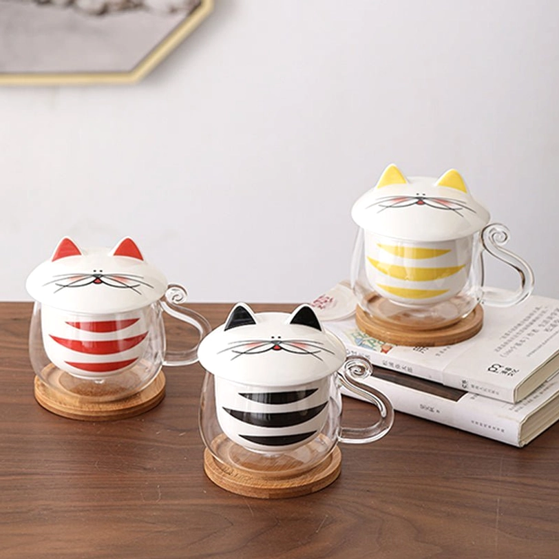 cat glass tea infuser mug full set with ceramic infuser lid and wooden coaster