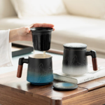 350ml ceramic personal tea cup with strainer lid and wooden handle main product view