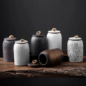 close up of sealed lid fabric inner for ceramic tea storage caddy