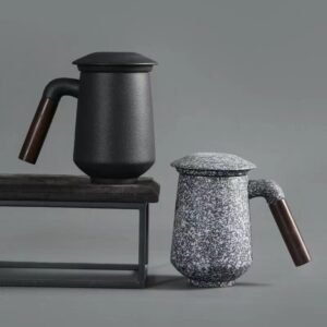 all three color options of 380ml ceramic tea infuser mug with wood handle