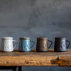 full set of 12oz ceramic tea mug with infuser and lid showing all 4 color options