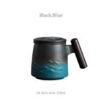 black blue gradient ceramic tea infuser mug with wood handle mountain relief