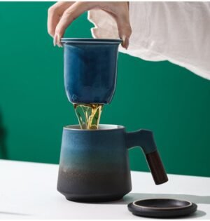full set of ceramic tea mug with infuser lid and wood handle