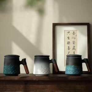 full view of 15oz ceramic tea mug with infuser and lid