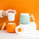 400ml ceramic tea mug with tea infuser and wooden handle overall view