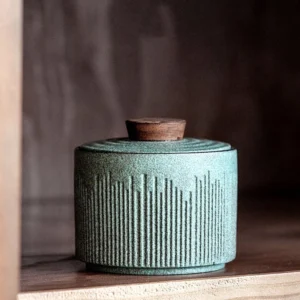 ceramic tea storage caddy with wood lid main view