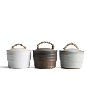 ceramic tea storage canister set with hemp handle main view