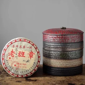 full set of ceramic tea storage canister and Lao Ban Zhang Puerh tea cake gift box