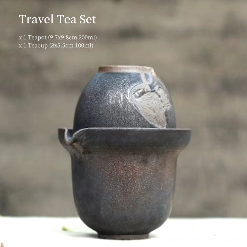 Nestable design of ceramic travel tea set, teacup inside teapot