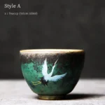100ml vintage green glazed ceramic chinese crane tea cup side view