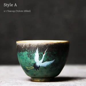 100ml vintage green glazed ceramic chinese crane tea cup side view