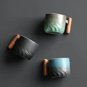 Chinese ceramic tea cup with wooden handle group display