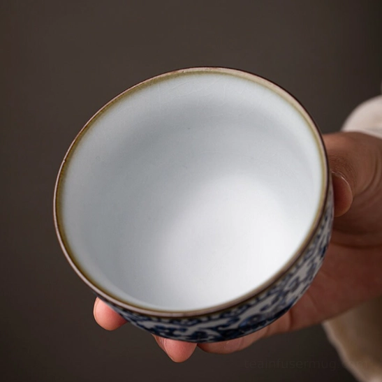 Close up of blue lotus pattern on Chinese porcelain gongfu tea cup